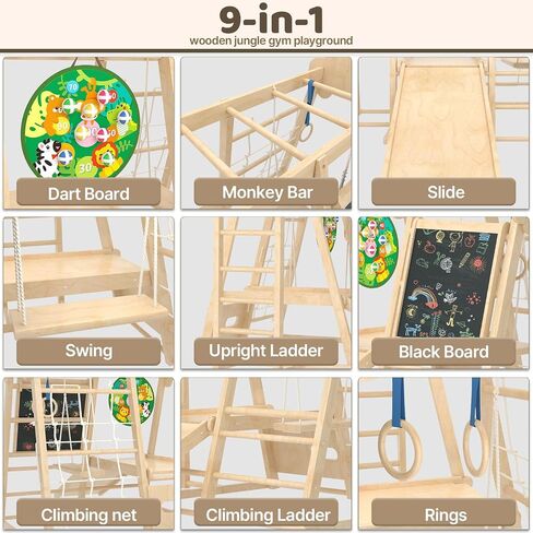 9-in-1 Indoor Jungle Gym, Montessori Indoor Playground for Toddlers,Wooden Climber Set with Swing, Slide, Monkey Bars, Climbing Neting, Upright Ladder, Climbing Ladder, Rings, Black Board, Dart Board in Kuwait