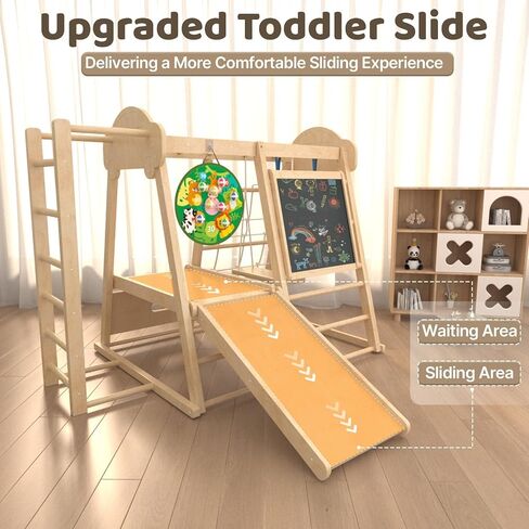 9-in-1 Indoor Jungle Gym, Montessori Indoor Playground for Toddlers,Wooden Climber Set with Swing, Slide, Monkey Bars, Climbing Neting, Upright Ladder, Climbing Ladder, Rings, Black Board, Dart Board in Kuwait
