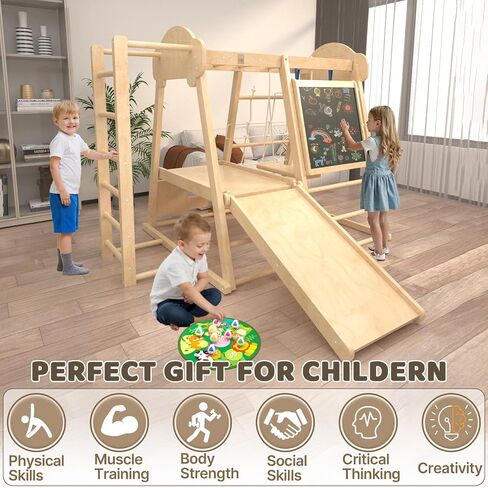 9-in-1 Indoor Jungle Gym, Montessori Indoor Playground for Toddlers,Wooden Climber Set with Swing, Slide, Monkey Bars, Climbing Neting, Upright Ladder, Climbing Ladder, Rings, Black Board, Dart Board in Kuwait