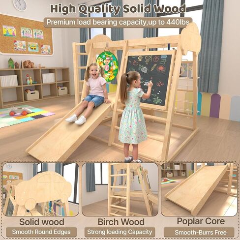 9-in-1 Indoor Jungle Gym, Montessori Indoor Playground for Toddlers,Wooden Climber Set with Swing, Slide, Monkey Bars, Climbing Neting, Upright Ladder, Climbing Ladder, Rings, Black Board, Dart Board in Kuwait