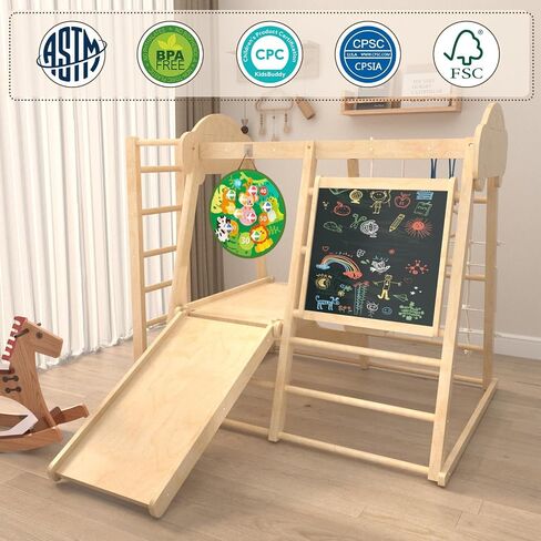9-in-1 Indoor Jungle Gym, Montessori Indoor Playground for Toddlers,Wooden Climber Set with Swing, Slide, Monkey Bars, Climbing Neting, Upright Ladder, Climbing Ladder, Rings, Black Board, Dart Board in Kuwait