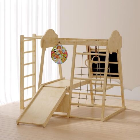 9-in-1 Indoor Jungle Gym, Montessori Indoor Playground for Toddlers,Wooden Climber Set with Swing, Slide, Monkey Bars, Climbing Neting, Upright Ladder, Climbing Ladder, Rings, Black Board, Dart Board in Kuwait