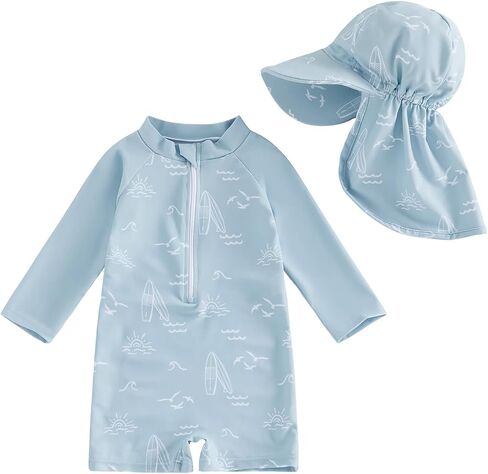 Newborn Baby Boy Swimsuit Rash Guard Long Sleeve Zipper One Piece Bathing Suit Swimwear with Hat Infant Swim Suit in Kuwait