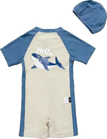 Kids-Boys One-Piece Shark-Swimsuit UPF 50+ Sun-Protection Short-Sleeve Zip-Up Rash-Guard Bathing Suit Swimwear in Kuwait