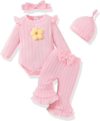 Renotemy Preemie Newborn Baby Girl Clothes Ruffle Bodysuit Long Sleeve Romper Bell Bottom Pants Fall Winter Outfit Set in Kuwait