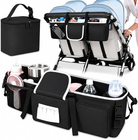 Double Stroller Organizer,Universal Parent Console Double Jogging Stroller Organizer with 10 Storage Pockets,6 Adjustable Secure Straps,Strong adhesion design Make,Anti-Tilt & Anti-Sag Design in Kuwait