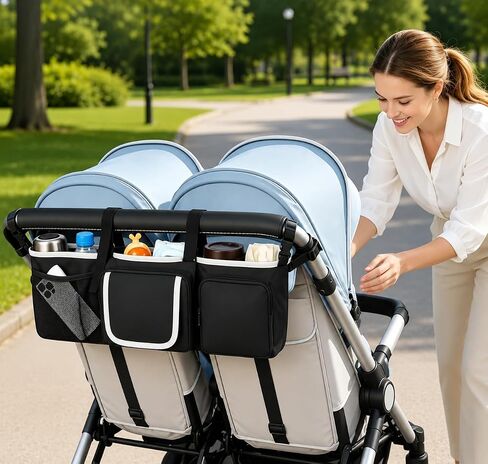 Double Stroller Organizer,Universal Parent Console Double Jogging Stroller Organizer with 10 Storage Pockets,6 Adjustable Secure Straps,Strong adhesion design Make,Anti-Tilt & Anti-Sag Design in Kuwait