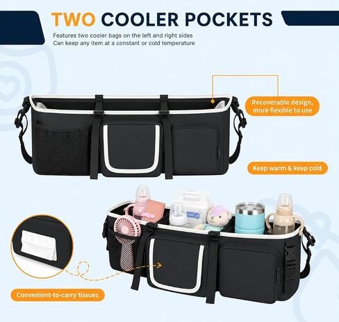 Double Stroller Organizer,Universal Parent Console Double Jogging Stroller Organizer with 10 Storage Pockets,6 Adjustable Secure Straps,Strong adhesion design Make,Anti-Tilt & Anti-Sag Design in Kuwait