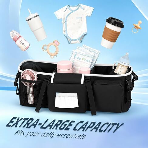 Double Stroller Organizer,Universal Parent Console Double Jogging Stroller Organizer with 10 Storage Pockets,6 Adjustable Secure Straps,Strong adhesion design Make,Anti-Tilt & Anti-Sag Design in Kuwait