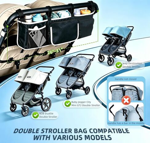Double Stroller Organizer,Universal Parent Console Double Jogging Stroller Organizer with 10 Storage Pockets,6 Adjustable Secure Straps,Strong adhesion design Make,Anti-Tilt & Anti-Sag Design in Kuwait