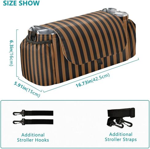 Baby Stroller Bag Brown Black Stripes Stroller Caddy Organizer Bag with Adjustable Straps Non-slip Hook Large Storage for Strollers in Kuwait