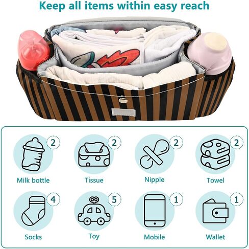 Baby Stroller Bag Brown Black Stripes Stroller Caddy Organizer Bag with Adjustable Straps Non-slip Hook Large Storage for Strollers in Kuwait