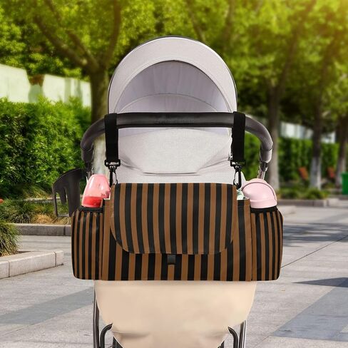 Baby Stroller Bag Brown Black Stripes Stroller Caddy Organizer Bag with Adjustable Straps Non-slip Hook Large Storage for Strollers in Kuwait