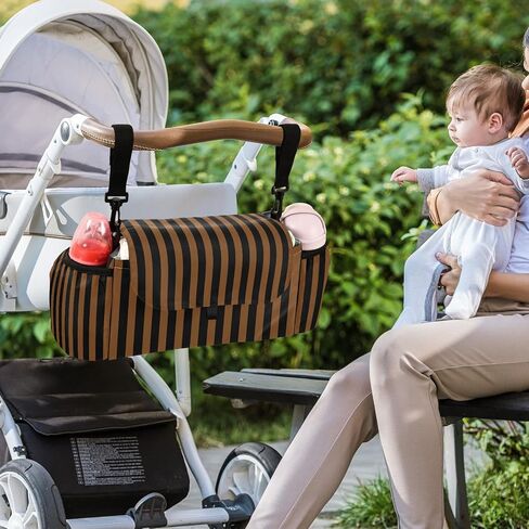 Baby Stroller Bag Brown Black Stripes Stroller Caddy Organizer Bag with Adjustable Straps Non-slip Hook Large Storage for Strollers in Kuwait