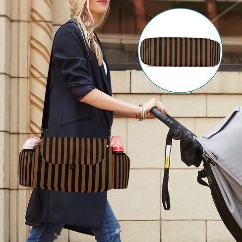 Baby Stroller Bag Brown Black Stripes Stroller Caddy Organizer Bag with Adjustable Straps Non-slip Hook Large Storage for Strollers in Kuwait