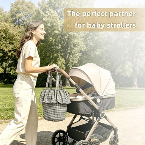 Stroller Organizer with Snap Straps, Large Capacity Stroller Caddy, Gingham Stroller Bag with Ruffle Trim, Lightweight Hanging Organizer with Padded Base for Easy Access in Kuwait