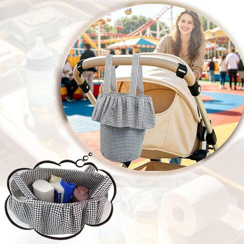 Stroller Organizer with Snap Straps, Large Capacity Stroller Caddy, Gingham Stroller Bag with Ruffle Trim, Lightweight Hanging Organizer with Padded Base for Easy Access in Kuwait