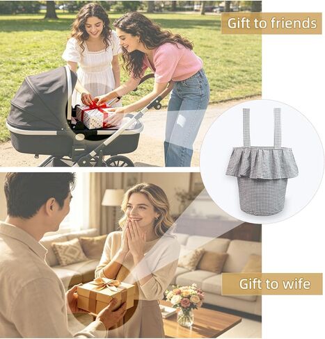 Stroller Organizer with Snap Straps, Large Capacity Stroller Caddy, Gingham Stroller Bag with Ruffle Trim, Lightweight Hanging Organizer with Padded Base for Easy Access in Kuwait