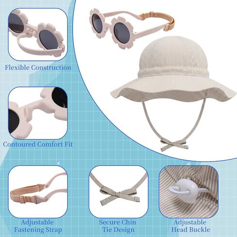 Baby Sun Hat & Flower Sunglasses Set Adjustable Toddler Summer Beach Accessories White in Kuwait