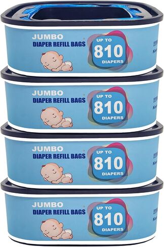 Jumbo Square Refills Diaper Bags Compatible with Genie Diaper Compact and Select Pails,Hold up to 810 Newborn Sized Diapers Per Refill,4 Pack (Blue) in Kuwait