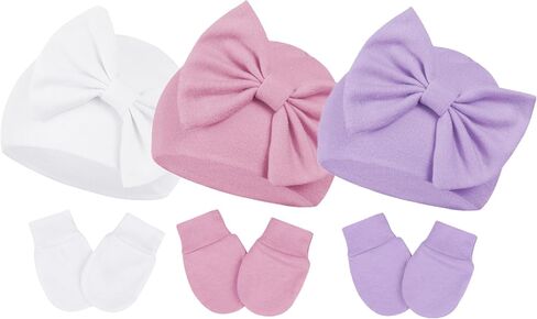 Century Star Newborn Girls Hats Baby Hat and Mitten Set Big Bow Knit Infant Headbands Winter Baby Hat for Girls C Purple & White & Deep Pink 0-3 Months in Kuwait