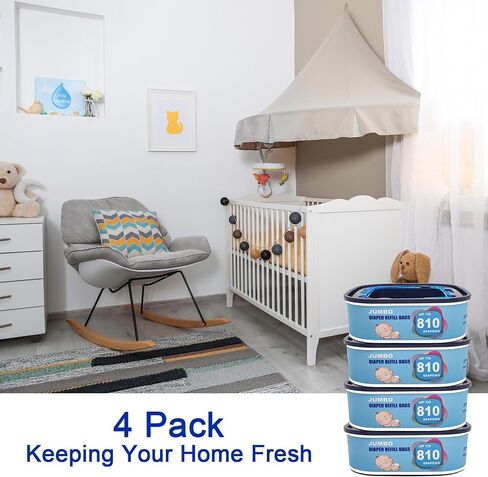 Jumbo Square Refills Diaper Bags Compatible with Genie Diaper Compact and Select Pails,Hold up to 810 Newborn Sized Diapers Per Refill,4 Pack (Blue) in Kuwait
