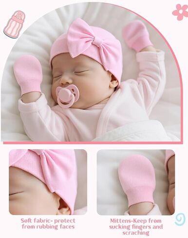 Century Star Newborn Girls Hats Baby Hat and Mitten Set Big Bow Knit Infant Headbands Winter Baby Hat for Girls C Purple & White & Deep Pink 0-3 Months in Kuwait
