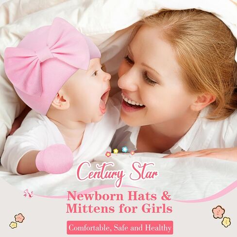 Century Star Newborn Girls Hats Baby Hat and Mitten Set Big Bow Knit Infant Headbands Winter Baby Hat for Girls C Purple & White & Deep Pink 0-3 Months in Kuwait