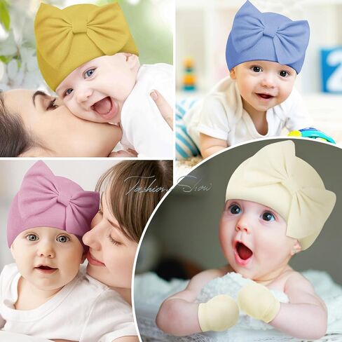 Century Star Newborn Girls Hats Baby Hat and Mitten Set Big Bow Knit Infant Headbands Winter Baby Hat for Girls C Purple & White & Deep Pink 0-3 Months in Kuwait