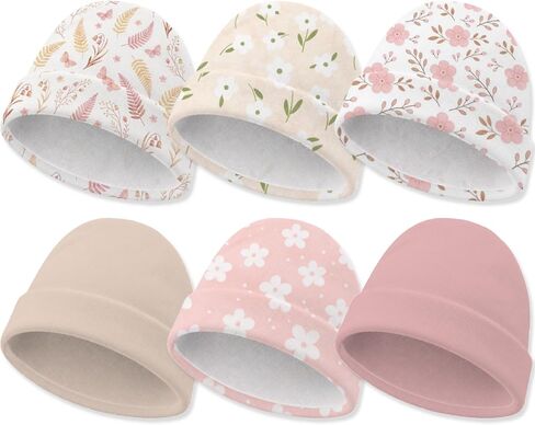 6 Pack Newborn Baby Hats Set Boho Floral Pink Soft Cotton Infant Toddler Beanies Caps Hospital Bag Essentials Baby Girl Shower Gifts 0-6 Months in Kuwait