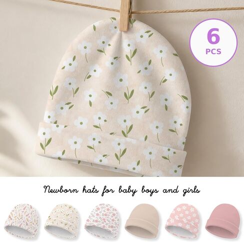 6 Pack Newborn Baby Hats Set Boho Floral Pink Soft Cotton Infant Toddler Beanies Caps Hospital Bag Essentials Baby Girl Shower Gifts 0-6 Months in Kuwait