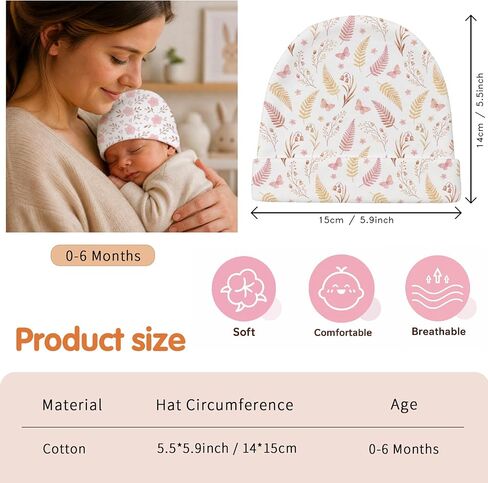 6 Pack Newborn Baby Hats Set Boho Floral Pink Soft Cotton Infant Toddler Beanies Caps Hospital Bag Essentials Baby Girl Shower Gifts 0-6 Months in Kuwait