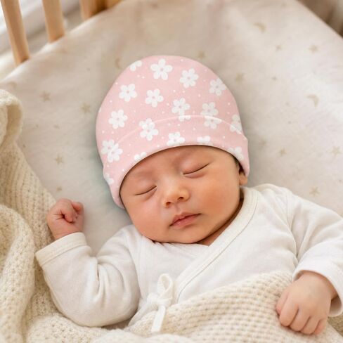 6 Pack Newborn Baby Hats Set Boho Floral Pink Soft Cotton Infant Toddler Beanies Caps Hospital Bag Essentials Baby Girl Shower Gifts 0-6 Months in Kuwait