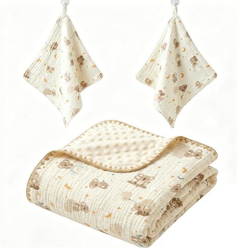 3-Piece Baby Blanket Set - Soft Cotton Muslin Swaddle with Minky Dotted Backing, 2 Matching Washcloths, Breathable Double Layer Receiving Blanket for Newborn Boys & Girls (Teddy Bear) in Kuwait