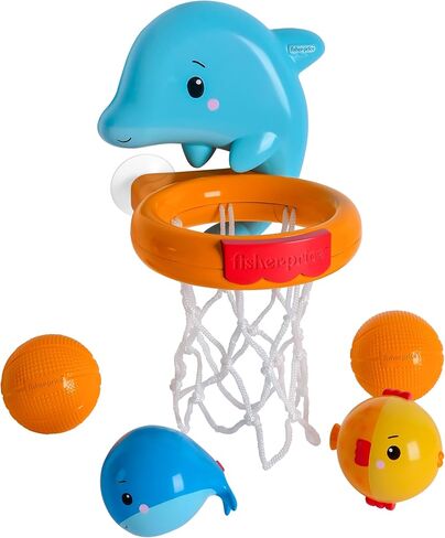Fisher-Price™ Dolphin Dunk Bath Set, 5-Piece Baby Bath Toy with Dolphin Basketball Hoop, Floating Balls & Water Animal Toys for Babies & Toddlers 6M+ in Kuwait