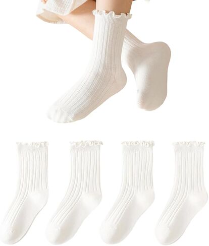 4 Pairs Baby Girls Ruffle Socks Toddler Frilly Dress Ankle White Soft Cotton Solid Crew Sock for 3-12T Kids in Kuwait