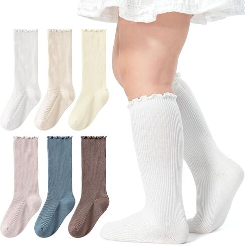 HONGTEYA 6 Pairs Baby Knee High Socks Soft Elastic Ruffled Tube Socks Warm Infant Toddler Baby Girl Socks in Kuwait
