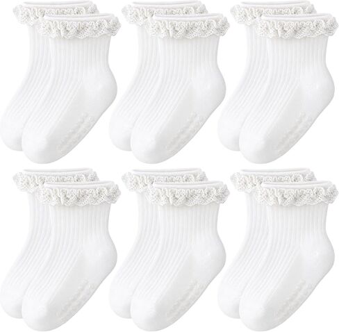 Pistha 6 Pairs Toddler Socks Baby Girls Ruffle Socks with Non Slip Grips, Frilly Grippy Sock School Dress Sock Daily Wear in Kuwait