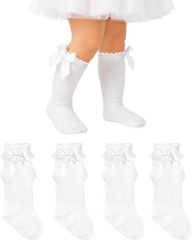 Topbuti 2 Pairs Baby Knee High Socks Newborn Ruffle Bow Sock Uniform Cotton Long Stockings Socks for Infant Toddler Girls in Kuwait