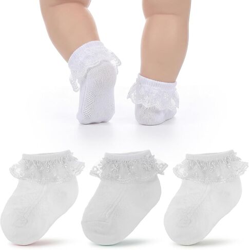 Amaxiu 3Pairs Baby Girls Ruffle Socks, Infant Lace Frilly Socks for Newborn Toddler Soft Cotton Crew Socks with Turn Cuff 0-6 6-12 Months in Kuwait