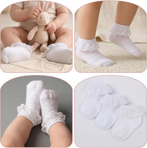 Amaxiu 3Pairs Baby Girls Ruffle Socks, Infant Lace Frilly Socks for Newborn Toddler Soft Cotton Crew Socks with Turn Cuff 0-6 6-12 Months in Kuwait