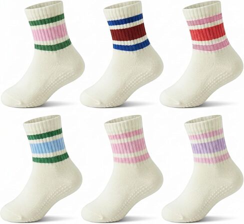 6 Pairs Toddler Non-Slip Socks Unisex Baby Girls Grip Crew Seamless Cotton Sock with Retro Stripe for 0-5T Kids in Kuwait