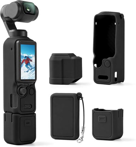Silicone Protective Case for DJI Osmo Pocket 4, 4-in-1 Modular Cover Set with Lens & Screen Tempered Glass, Soft Anti-Scratch Material, Includes Anti-Loss Wrist Strap – Accessories (Black) in Kuwait