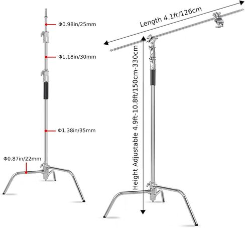 Heavy Duty C Stand with Boom Arm, Stainless Steel Heavy Duty Photography Light Stand, Adjustable Height 4.9ft-10.8ft, with 4.1ft Holding Arm, for Reflector, Umbrella, Softbox, Monolight in Kuwait