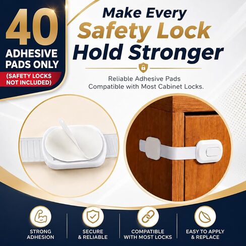 40 Pack Baby Safety Lock Adhesive Pads – Strong Double-Sided Replacement Pads Compatible with Most Cabinet Locks for Drawer, Door, Fridge, Toilet – Adhesive Pads Only in Saudi Arabia