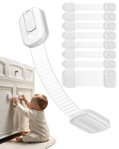 14 Pack Cabinet Locks Baby Proofing, Adjustable 3M Adhesive Child Safety Cabinet Straps, No Drill Drawer Latches for Cabinets, Fridge, Toilet, White in Kuwait