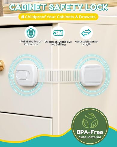 14 Pack Cabinet Locks Baby Proofing, Adjustable 3M Adhesive Child Safety Cabinet Straps, No Drill Drawer Latches for Cabinets, Fridge, Toilet, White in Kuwait
