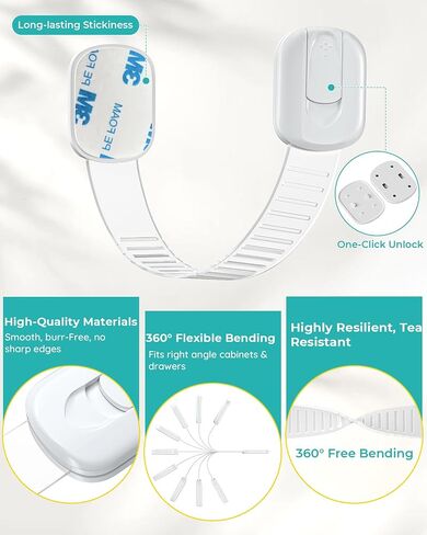 14 Pack Cabinet Locks Baby Proofing, Adjustable 3M Adhesive Child Safety Cabinet Straps, No Drill Drawer Latches for Cabinets, Fridge, Toilet, White in Kuwait