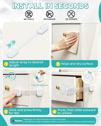 14 Pack Cabinet Locks Baby Proofing, Adjustable 3M Adhesive Child Safety Cabinet Straps, No Drill Drawer Latches for Cabinets, Fridge, Toilet, White in Kuwait