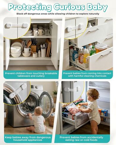 14 Pack Cabinet Locks Baby Proofing, Adjustable 3M Adhesive Child Safety Cabinet Straps, No Drill Drawer Latches for Cabinets, Fridge, Toilet, White in Kuwait